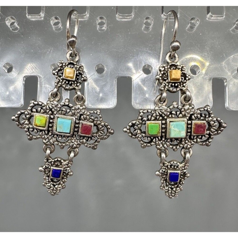 Vintage Sterling Silver 925 Barse Ornate 10 Gem Stone Dangle Cross Earrings